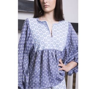 NINA LEUCA Womens Margherita Blue Long Sleeve Linen Top Size M/L Resortwear Chic